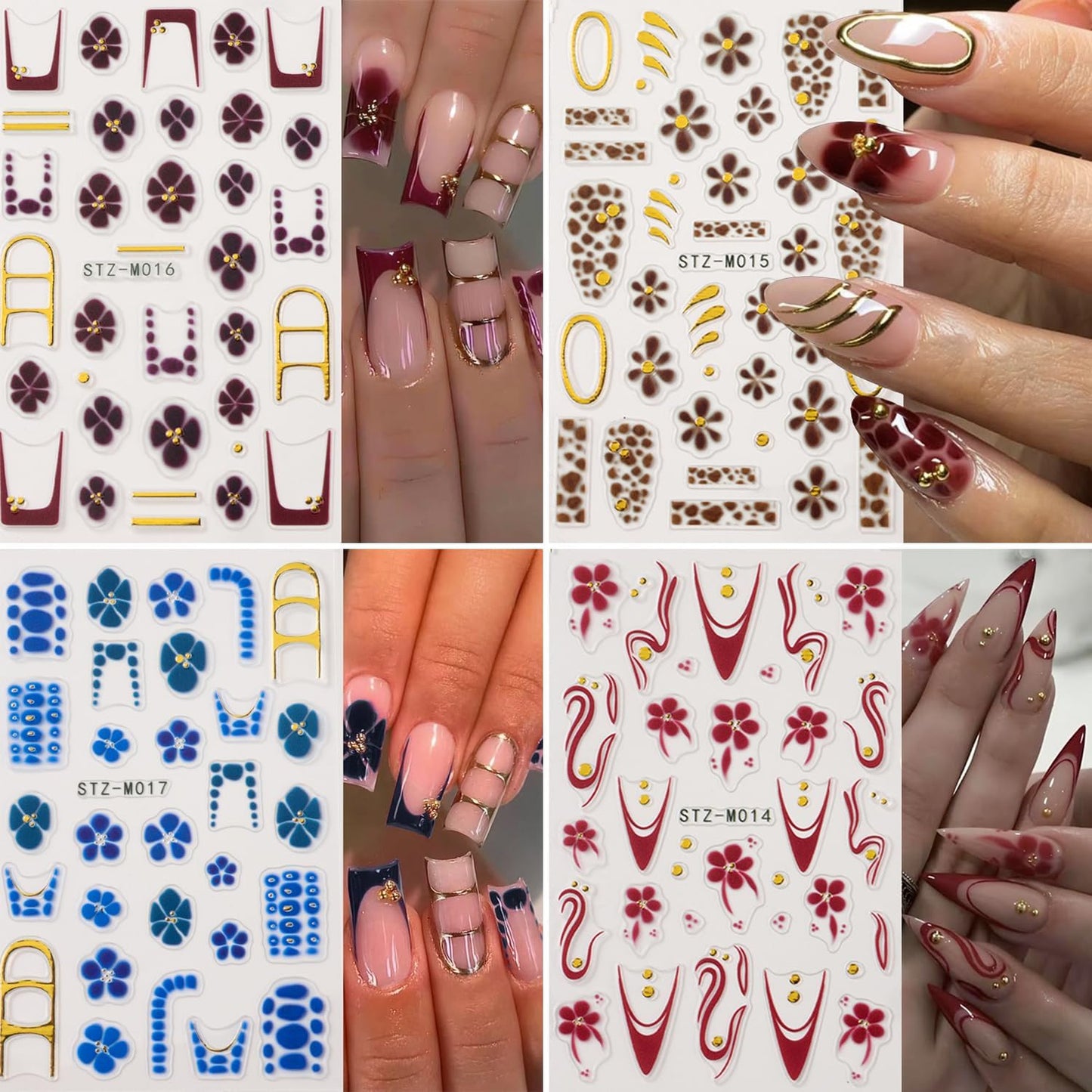 4Pcs Flower Nail Stickers for Nail Art - French Nail Art Stickers Autumn Winter Wine Red Brown Blue Floral Leopard Print Pattern 3D Self-Adhesive Nails Sliders Flowers Sticker for Nails Decoration