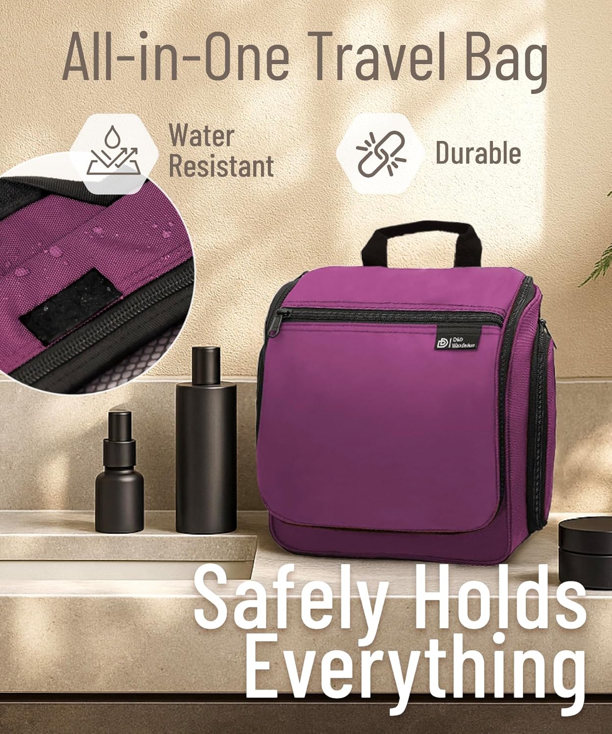 D&D Hanging Travel Toiletry Bag for Men and Women – Large Cosmetics, Makeup and Toiletries Organizer Kit with 10 Compartments, YKK Zippers, XXL Metal Swivel Hook, Water-Resistant Nylon