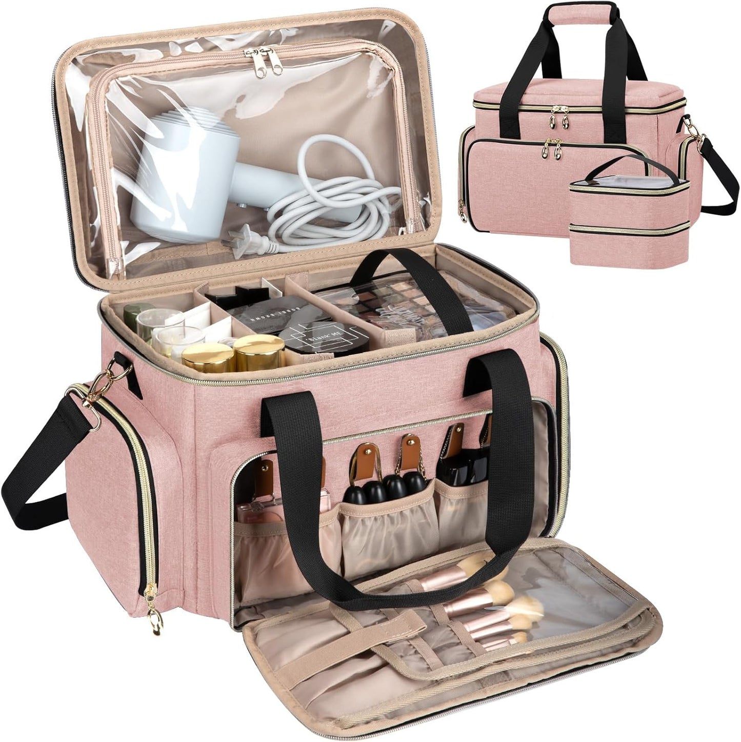 Large Makeup Bag, Portable Travel Makeup Bag Organizer for Women Girls with 2 Removable Pouches & Detachable Dividers, Cosmetic Travel Bag, Toiletry Bag for Makeup and Hair Supplies Pink