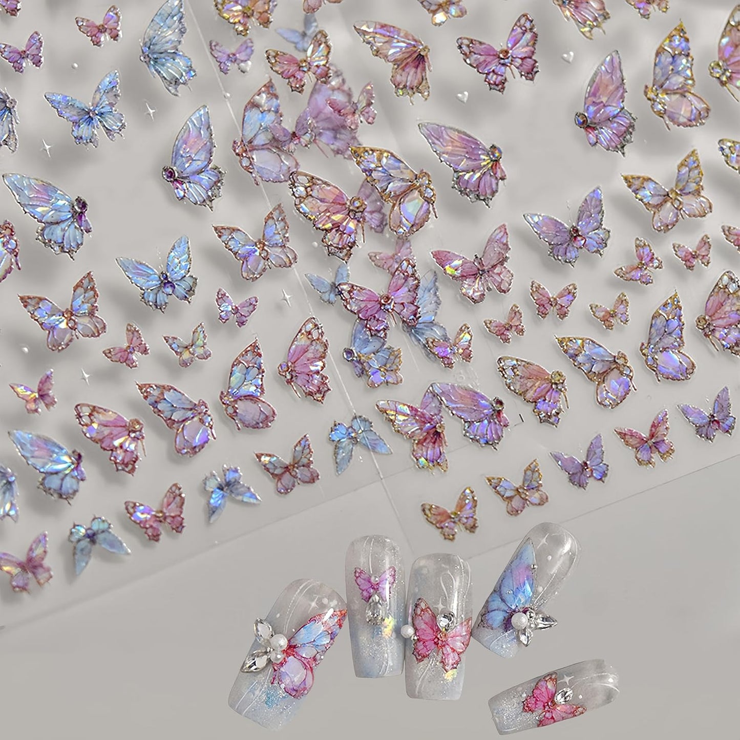2 Sheets Butterfly Nail Art Stickers 5D Embossed Self-Adhesive Pink Aurora Sparkling Butterfly Nail Decals Designs for Women Girls DIY Nail Decoration