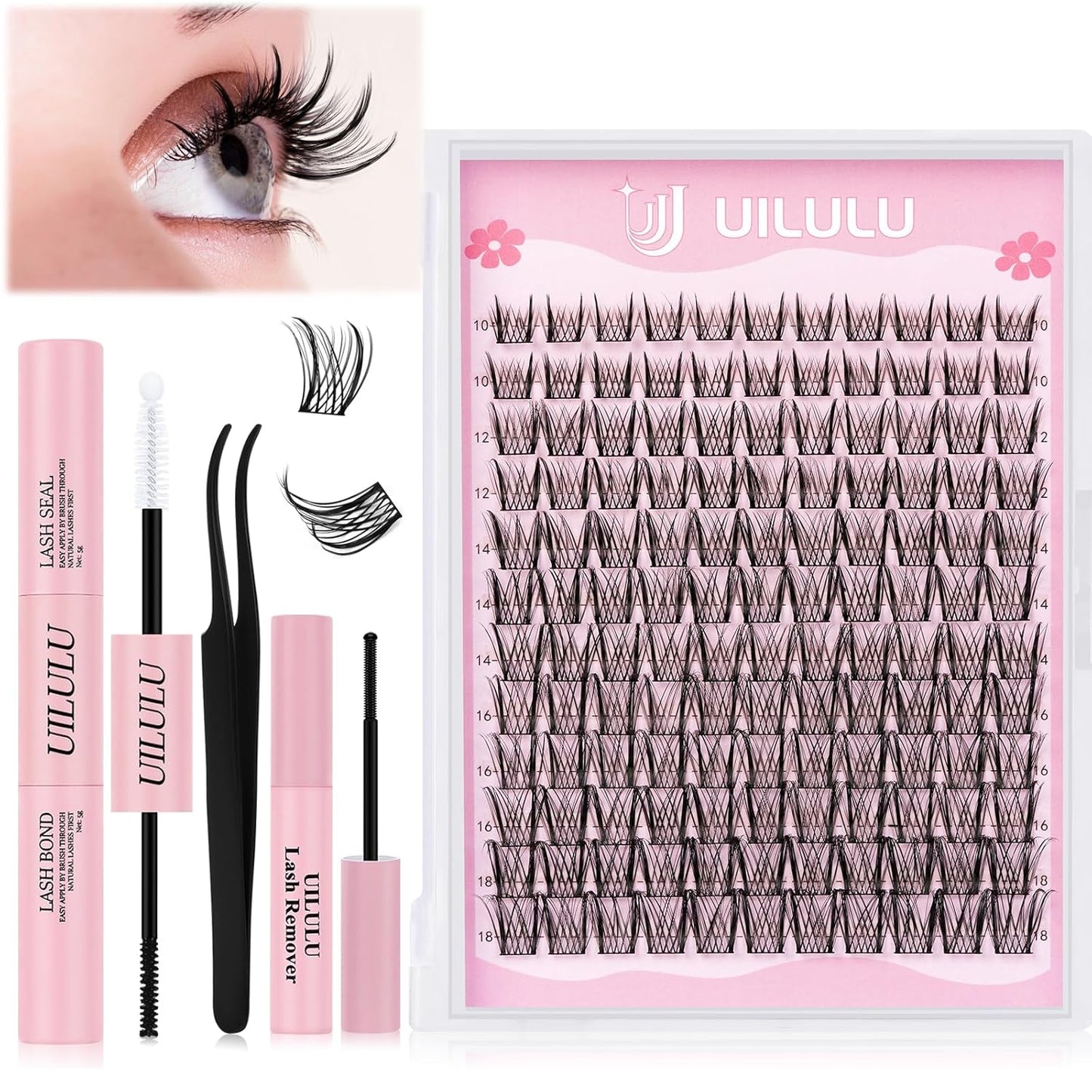 Lash Clusters kit 10-18mm DIY Lash Extension Kit 132 D Curl Lash Clusters 0.07D Wispy Individual Lashes Clusters False Eyelashes Natural Eye Lash Kits Extensions Kit U09 Kit