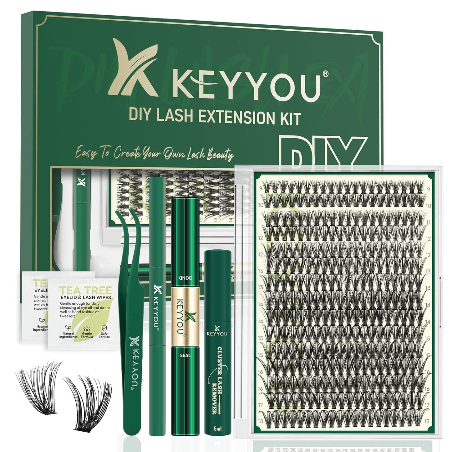 KEYYOU Lash Extension Kit DIY 300Pcs Lash Clusters Eyelash Extension Kit 50D D Curl 9-18MIX Lash Clusters Kit with Lash Glue Remover Applicator Easy to Use for Beginners(Kit,50D-D,9-18MIX)