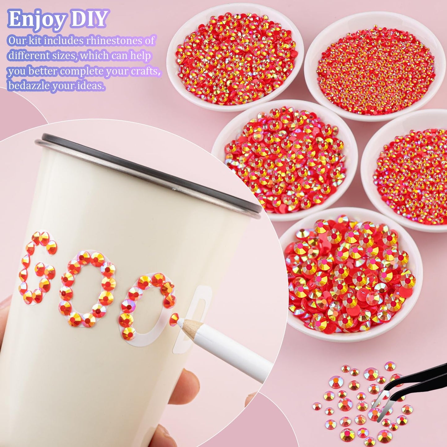 25000Pcs Resin Jelly Rhinestones with Tweezers for Crafting, Red AB Flatback Gems, Bedazzling Crystal with 3Pcs 10ml B7000 Jewelry Glue for DIY Crafts Clothing Tumblers Shoes Fabric Nail Art