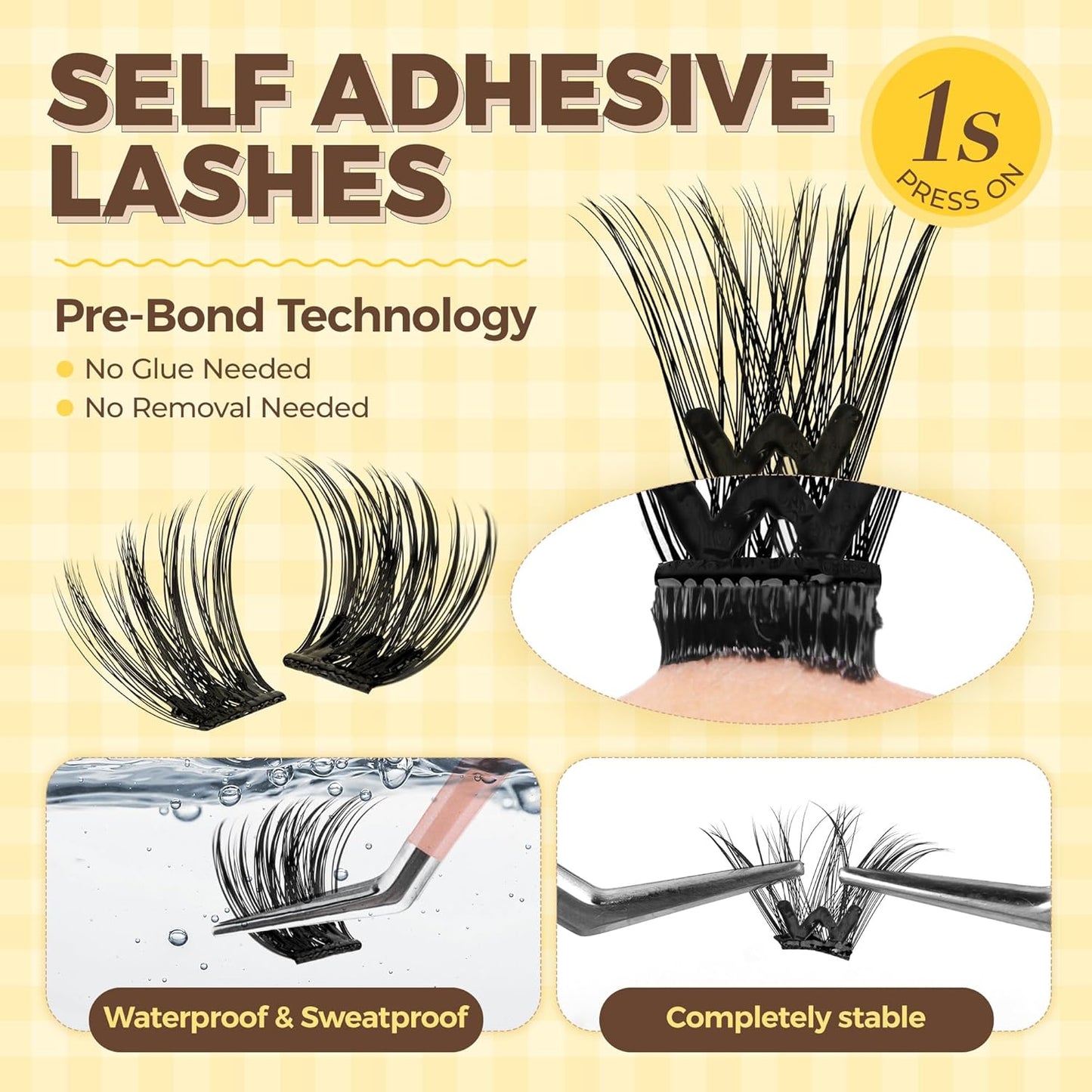 PopUp Self Adhesive Eyelashes Clusters, Press On Lashes Pre Glued Eyelash Extension Kit with Lash Tweezer,10-16mm No Glue No Remover Needed Self Adhesive Lashes Clusters ZNF23-D