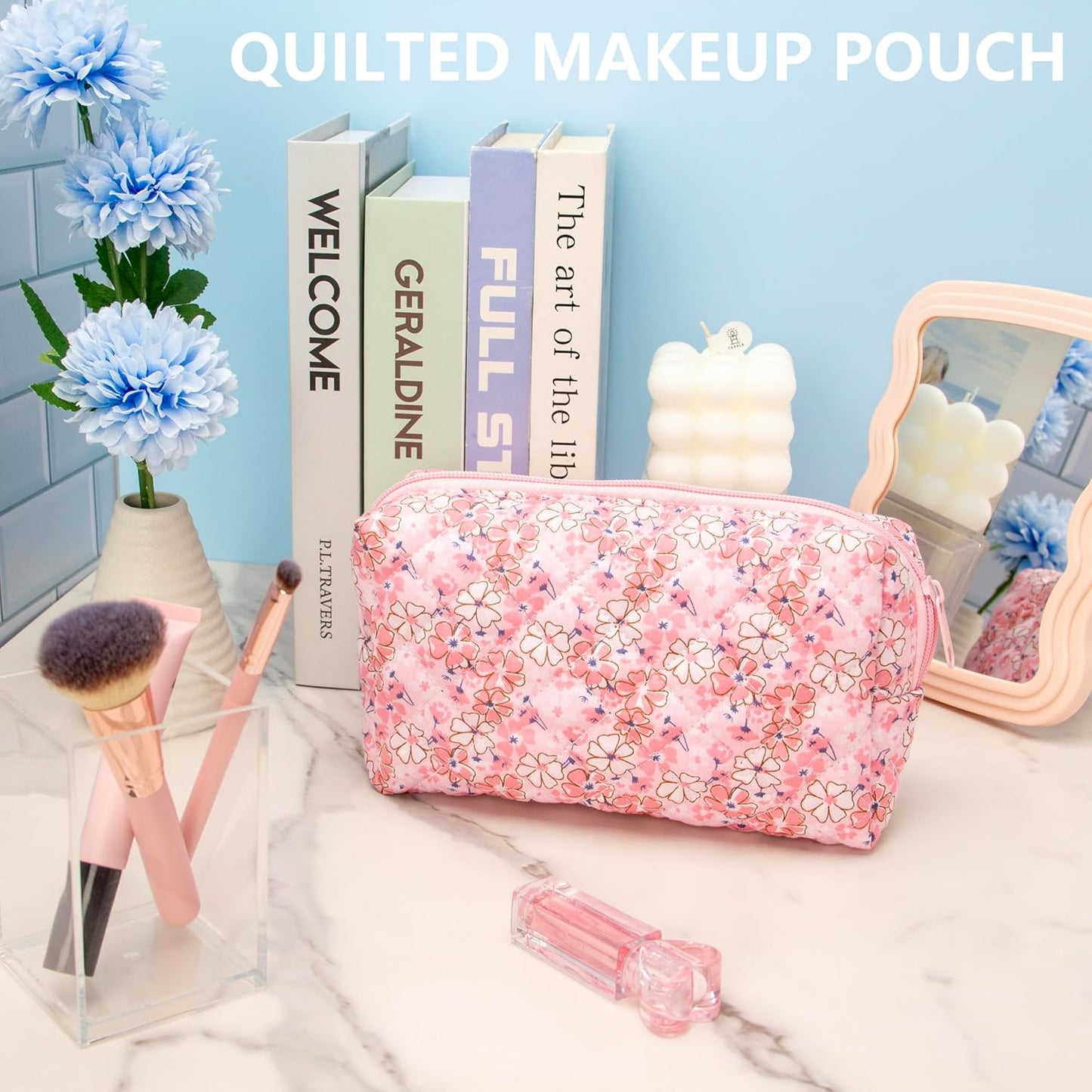 PAZIMIIK Vintage Quilted Makeup Bag Cosmetic Pouch for Brushes Pencils and Travel Make Up Accessories for Women and Girls Floral Pink