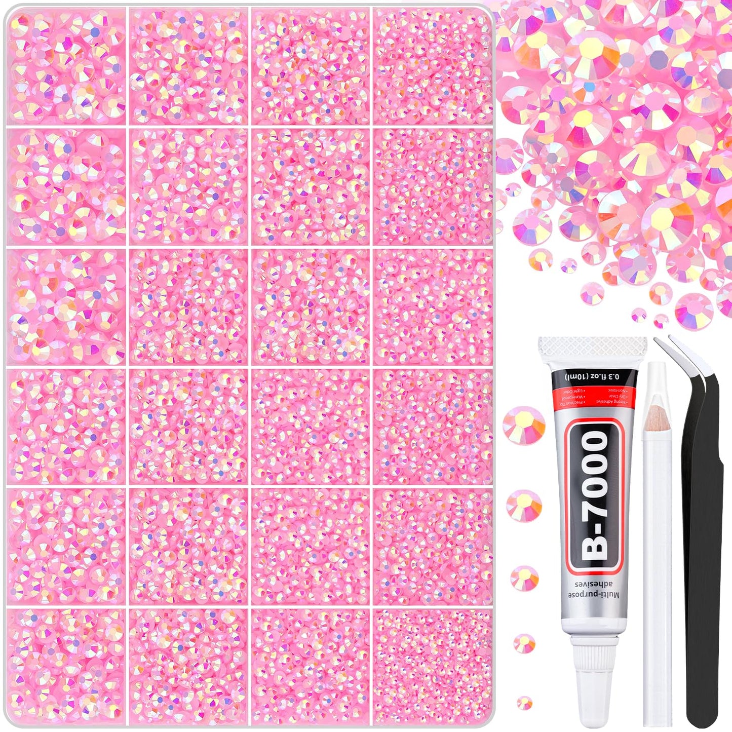 30000Pcs Light Pink AB Rhinestones for Bedazzling with B7000 Jewelry Glue, Bedazzler Kit Flatback Gems, Resin Rhinestones for Crafting Crafts Clothing Shoes Fabric Nail Art Assorted Size 2/3/4/5/6mm