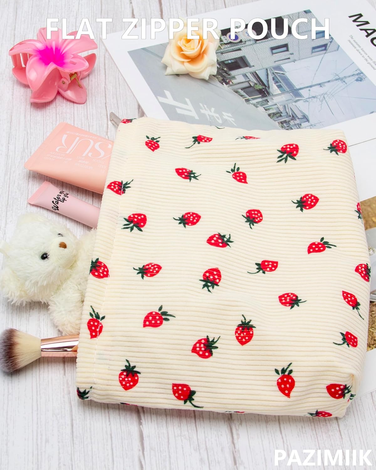 PAZIMIIK Makeup Bag Large Cotton Zipper Pouch for Purse Travel Canvas Make Up Organizer for Women Cosmetic,Strawberry Beige