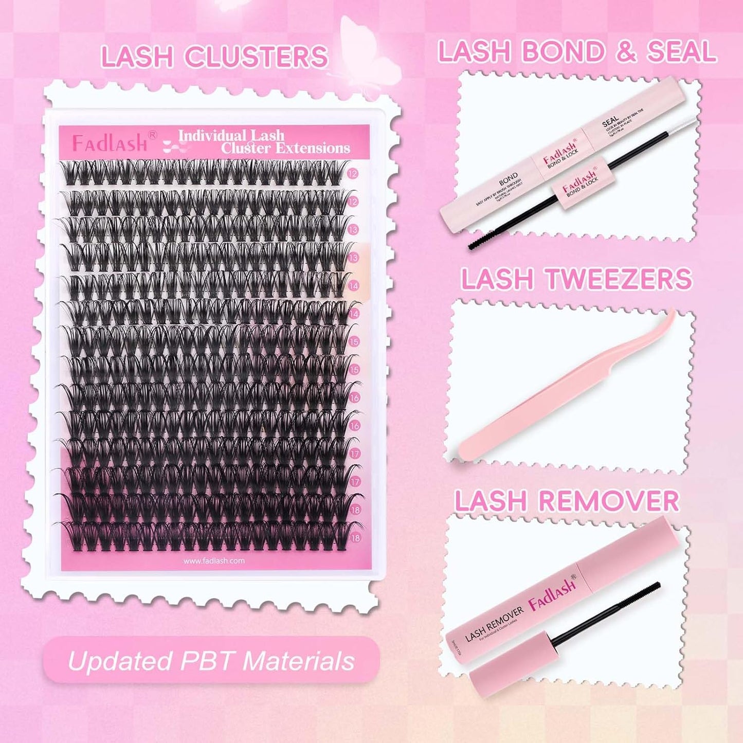 FADLASH Lash Extension DIY Kit Lash Clusters D Curl Cluster Lashes with Lash Bond and Seal Cluster Lashes Glue Remover Lash Tweezers for DIY Eyelash Extension at Home（Kit 50D-0.07D-12-18MIX）, black