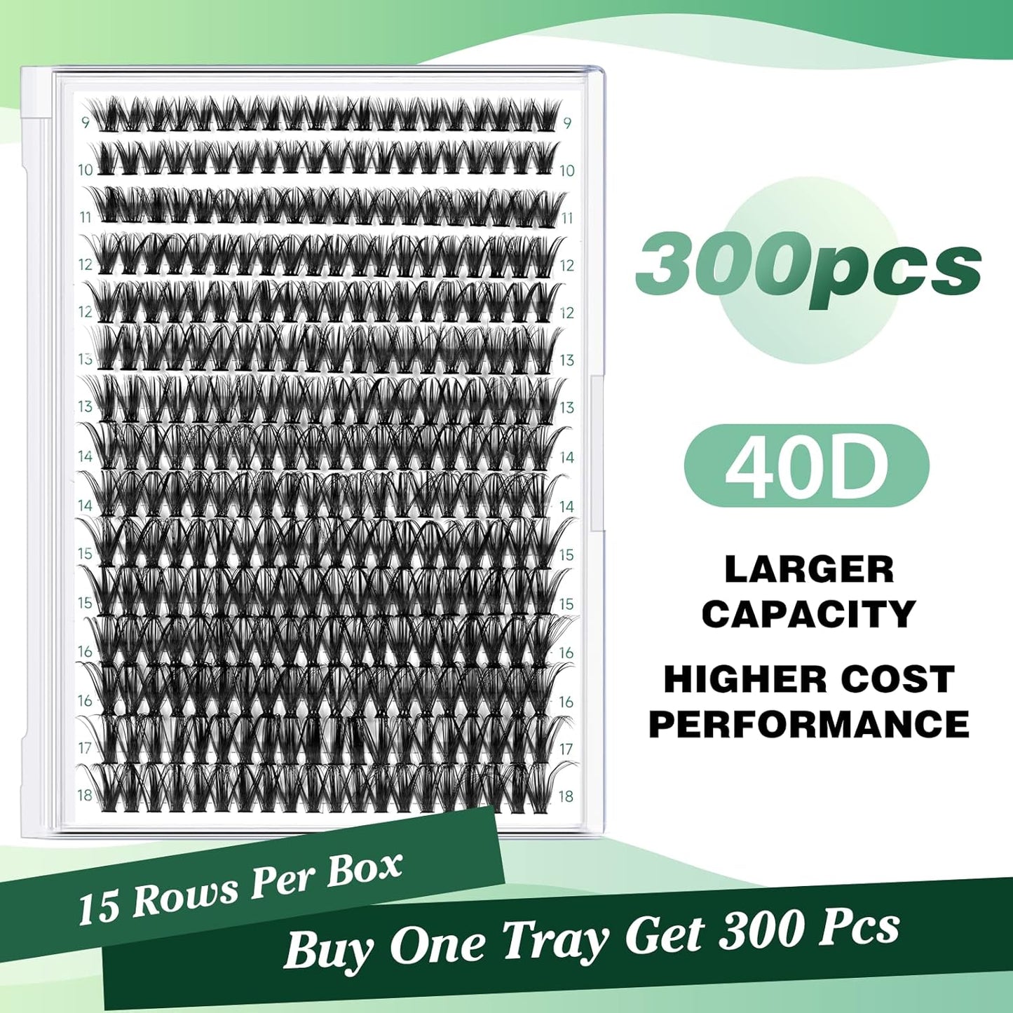 Lash Clusters 300pcs Individual Lashes 40D 0.07D Curl 17mm DIY Eyelash Extension KEYYOU Large Tray Volume Soft&Natural Cluster Lashes(40D-0.07D,17）