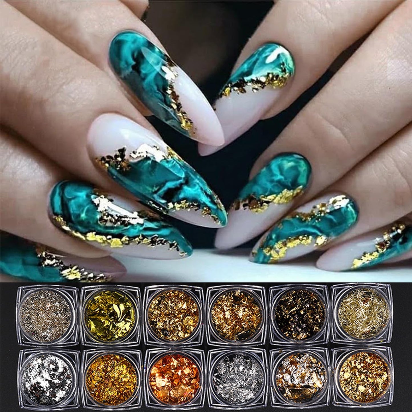 12 Boxes Aluminum Nail Flakes Foils Set - Gold Silver Irregular Paillette Nail Art Sequins 3D Shinny Ultra-Thin Aluminum Foil Nail Art Flakes Glitter Sticker for Manicure Decor DIY Crafts Accessory