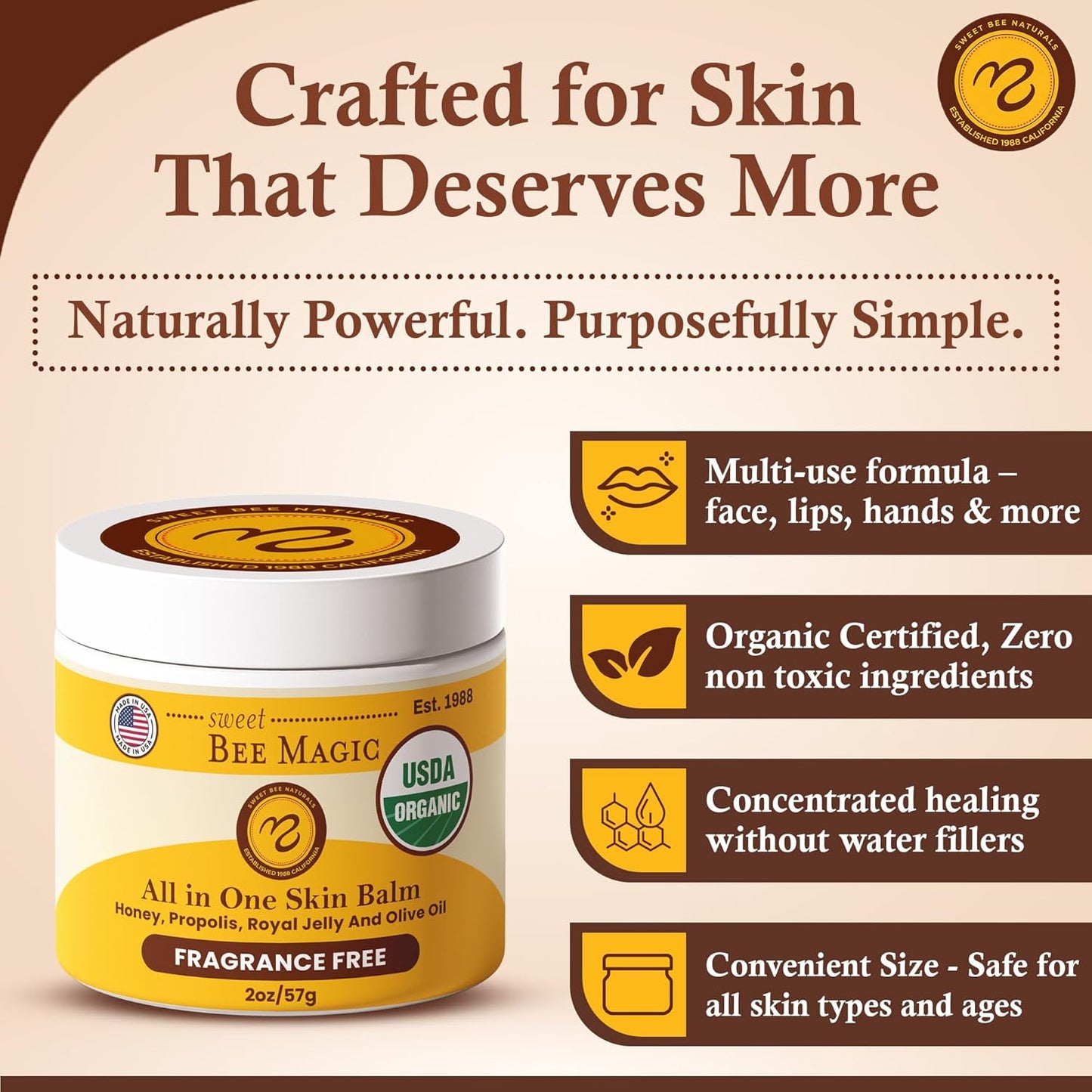 Sweet Bee Magic All In One Healing Organic Balm - Natural Skin Healing Cream, Beeswax Balm for Dry Skin, Face & Body Moisturizer - Certified Organic, All Natural Aid - 2 Jars (2oz Each,4oz Total)