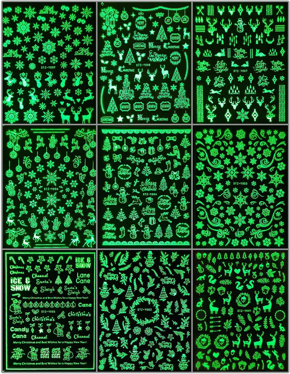 9 Sheets Christmas Glow in The Dark Nail Art Stickers Decals Self-Adhesive Pegatinas Uñas Navidad Winter Holiday Xmas Snowflake Nail Supplies Nail Art Design Decoration Accessories
