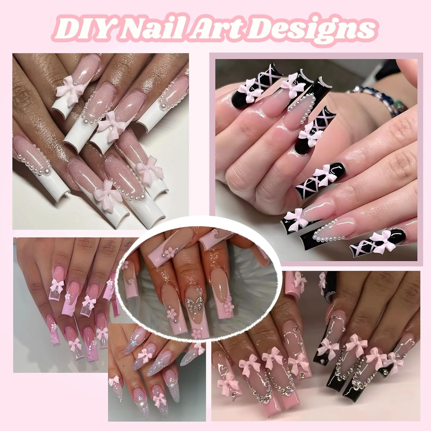 3D Flowers Nail Charms Y2K Kit, Metal Butterfly Cherry Colorful Bow Charms for Nails Art Gems, White and Pink Bows Pearls Charms for Nail Manicure DIY Crafts Jewelry Accessories