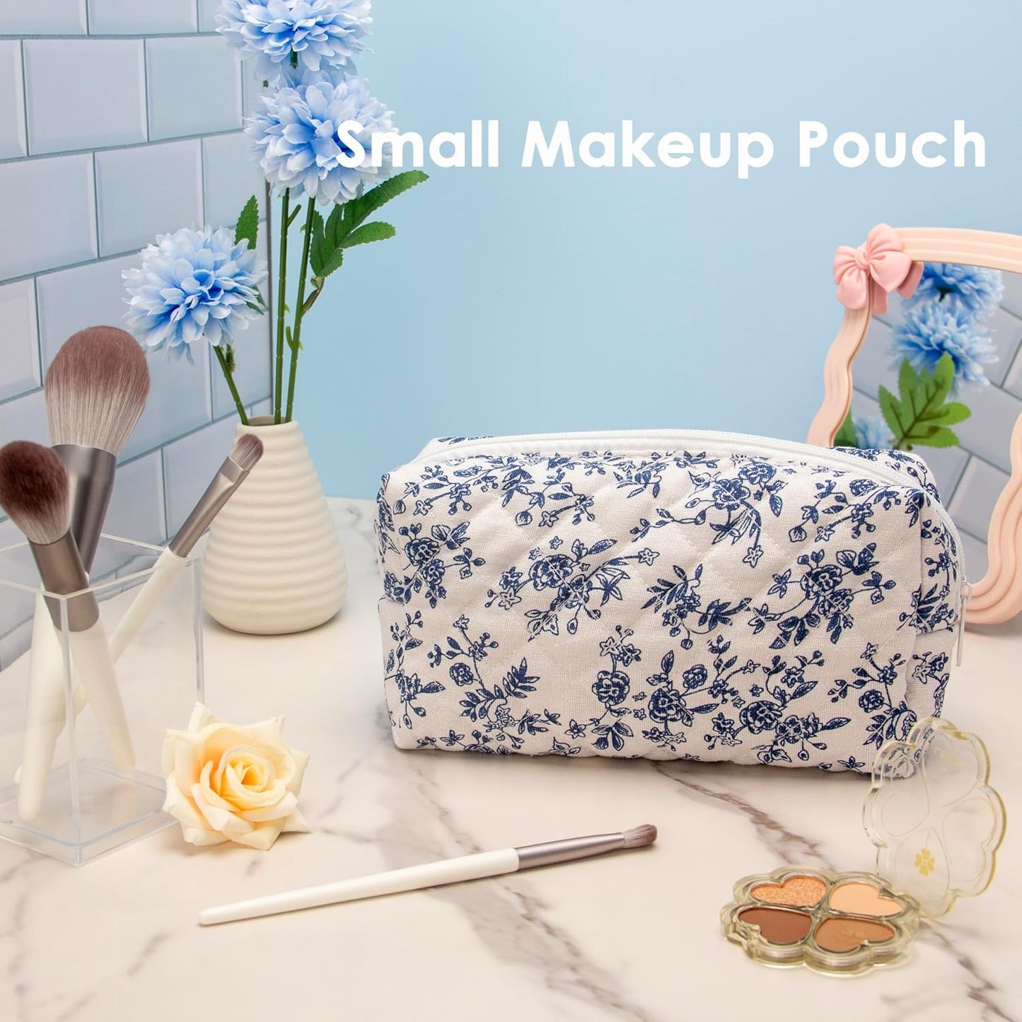 PAZIMIIK Vintage Quilted Makeup Bag Cosmetic Pouch for Brushes Pencils and Travel Make Up Accessories for Women and Girls Jouy Blue