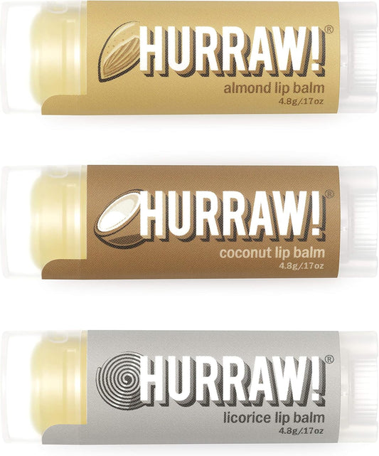 Hurraw! Almond, Coconut, Licorice Lip Balms, 3 Pack Bundle: Organic, Certified Vegan, Cruelty and Gluten Free. Non-GMO, 100% Natural. Bee, Shea, Soy & Palm Free. Made in USA