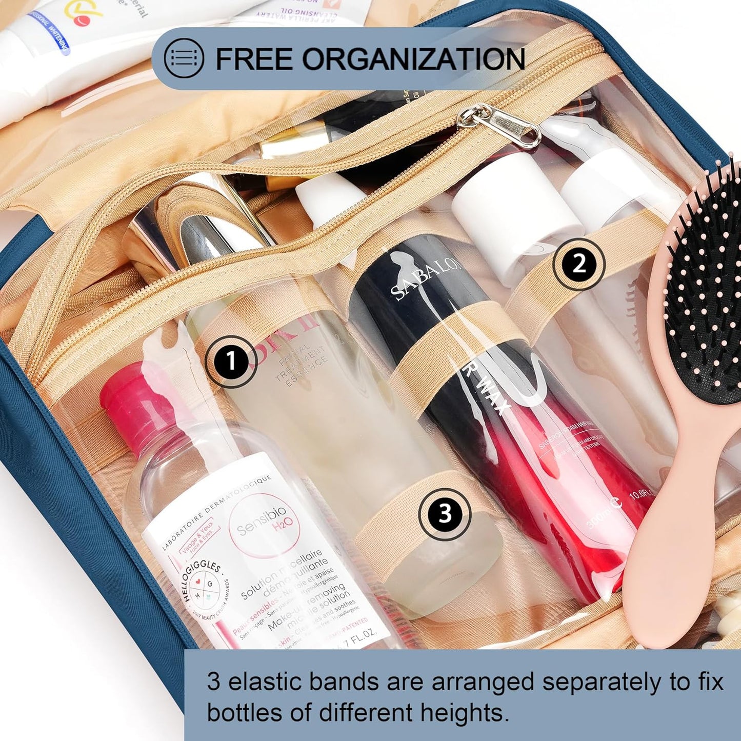 Travel Hanging Toiletry Bag for Women, Extra Large Makeup Bag, Holds Full-Size Shampoo, with Jewelry Organizer Compartment, Waterproof Cosmetic Bag, Toiletries Kit Set with Trolley Belt, Navy Blue