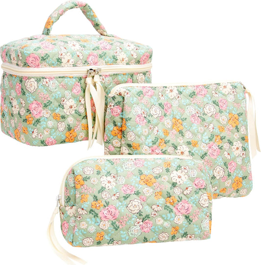 PAZIMIIK 3PCS Makeup Bag SET Large Travel Quilted Zipper Soft Cosmetic Case Pouch for Women Girls Make Up,Green Flower