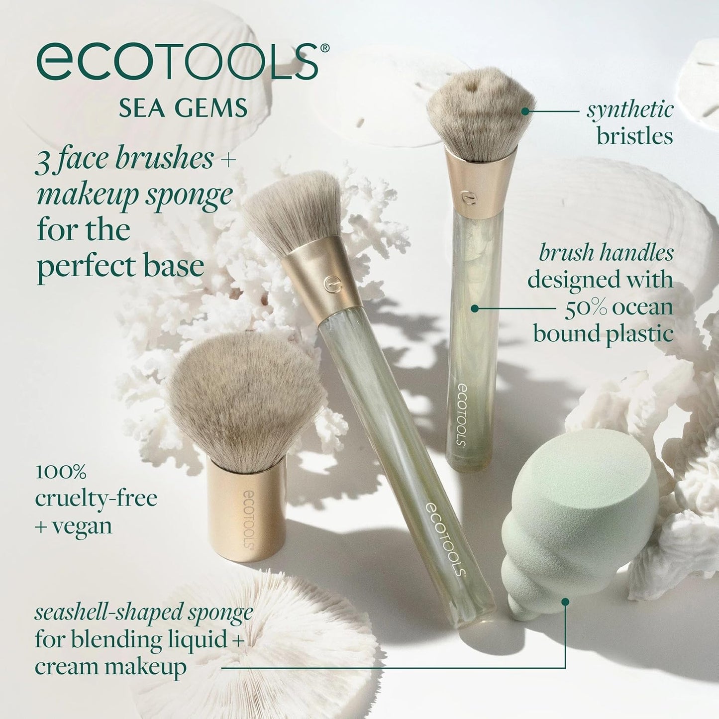 EcoTools Sea Gems Face Makeup Brush & Sponge 4 Piece Set, Eco-Friendly Makeup Brushes & Makeup Sponge, For Foundation, Blush, Contour, & Setting Powder, Recycled Plastic, Cruelty-Free Tools