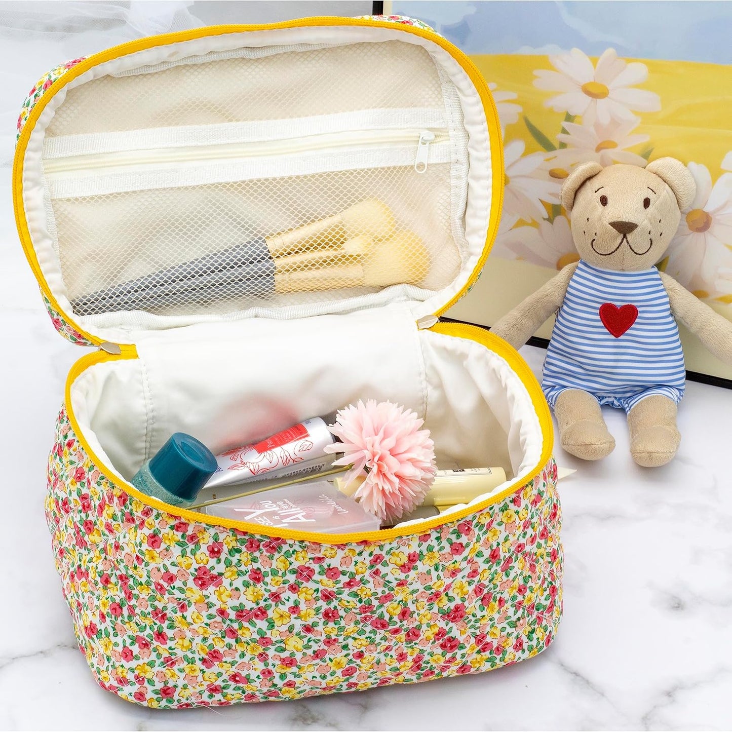 PAZIMIIK Quilted Makeup Bag Large Travel Zipper Soft Cosmetic Case for Women Girls Make Up,Little Flower