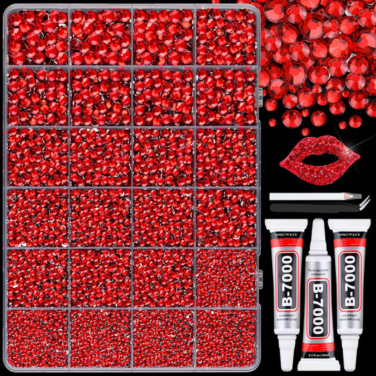 30000Pcs Resin Red Rhinestones with B7000 Jewelry Glue for Crafting, 2-6mm Non Hotfix Flatback Gems, Bedazzling Crystal for DIY Crafts Clothing Tumblers Mugs Shoes Fabric Decor Nail Art