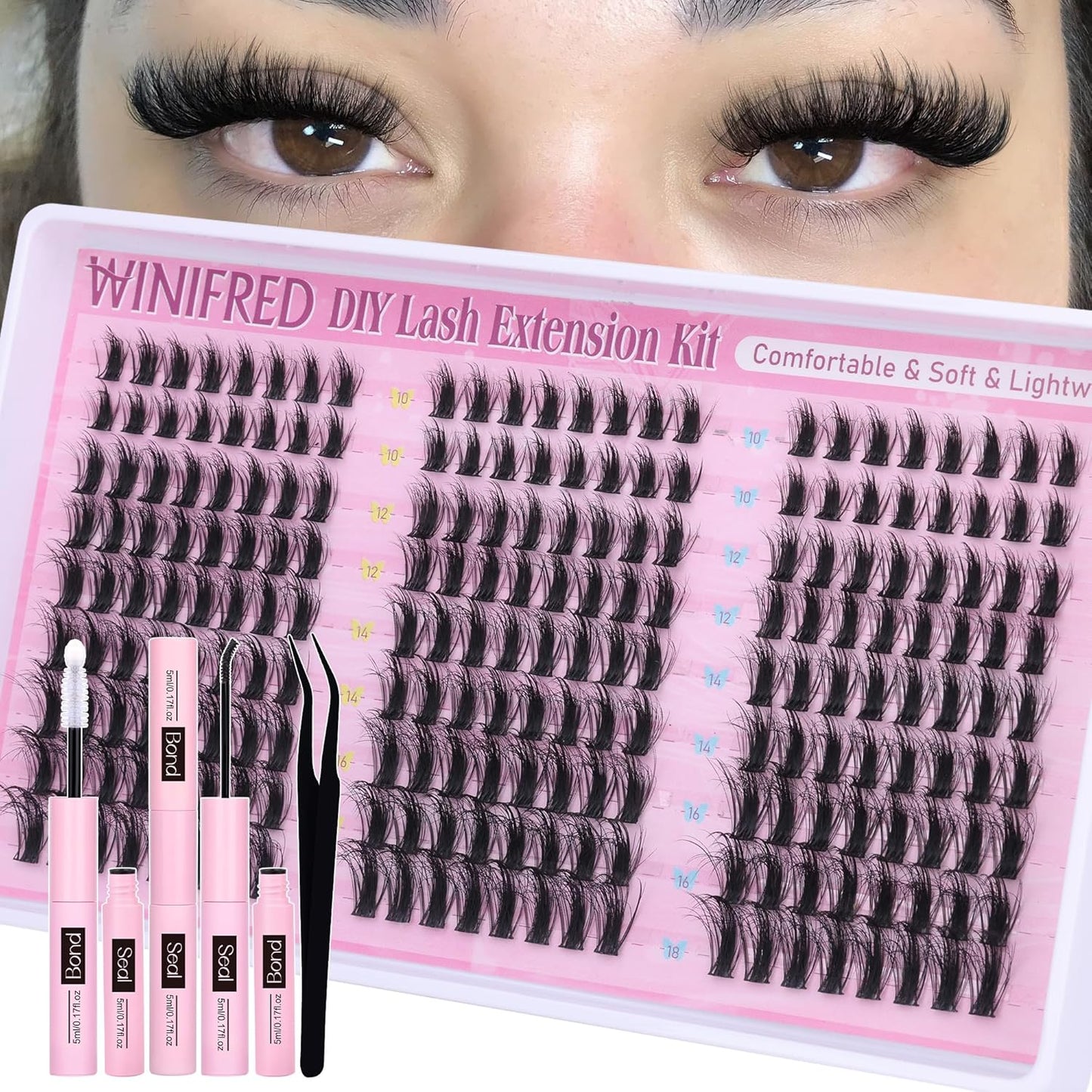Winifred Wispy Lash Clusters Kit Fluffy Eyelash Extension Kit Manga Eyelash Clusters C Curl Volume Cluster Eyelash Extensions Kit DIY Individual Lashes with Lash Bond and Seal Tweezers (10-18mm)