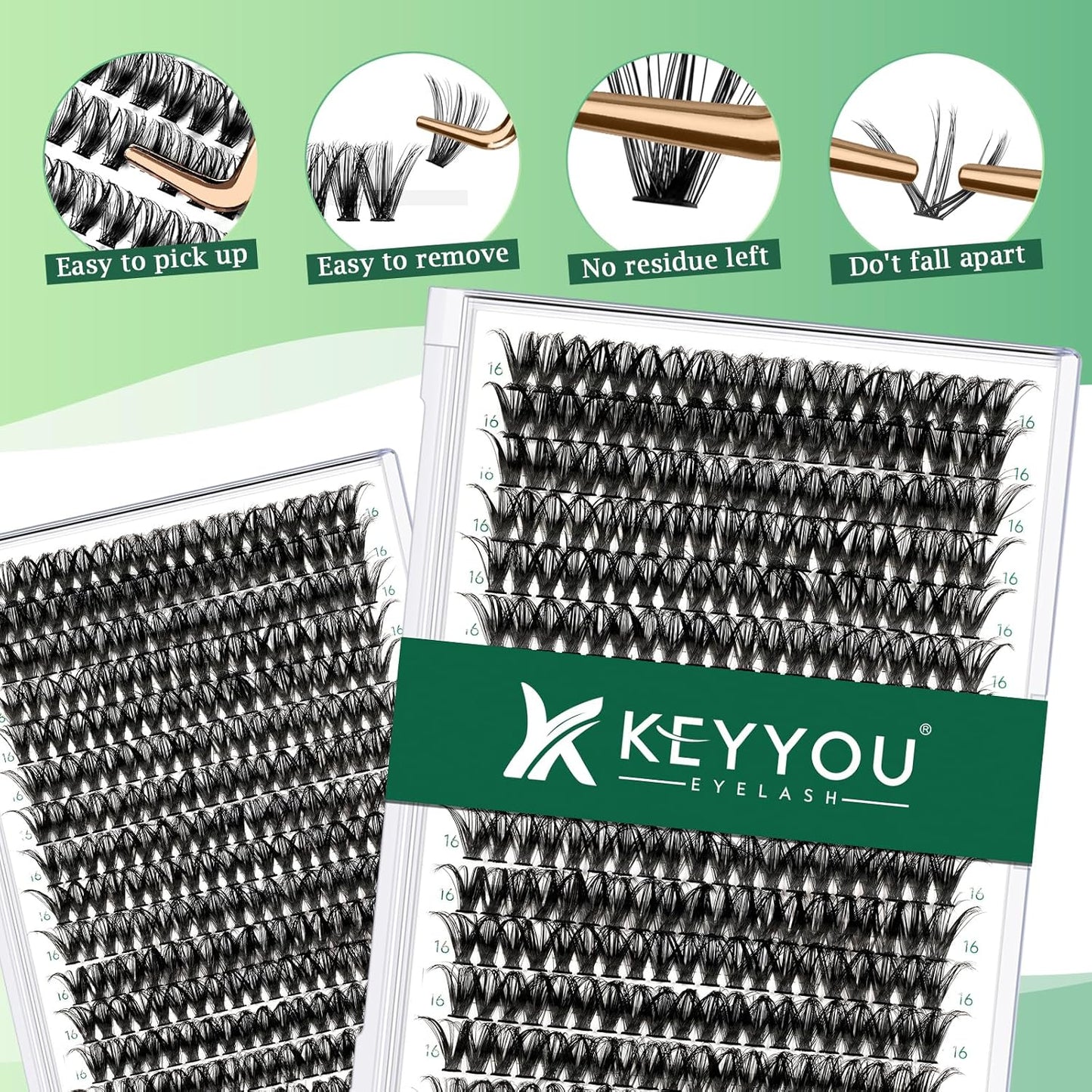 Lash Clusters 300pcs Individual Lashes 50D 0.07D Curl 17mm DIY Eyelash Extension KEYYOU Large Tray Volume Soft&Natural Eyelash Clusters(50D-0.07D,17）