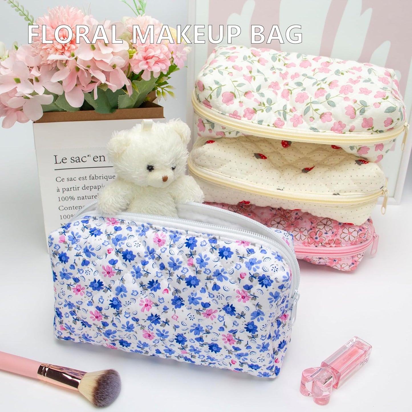 PAZIMIIK Vintage Quilted Makeup Bag Cosmetic Pouch for Brushes Pencils and Travel Make Up Accessories for Women and Girls Flower Blue