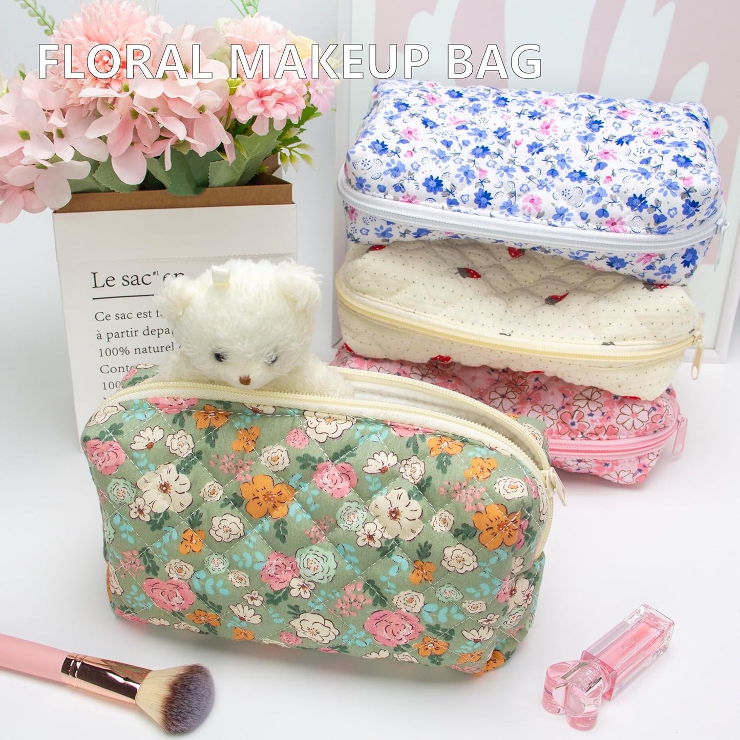 PAZIMIIK Vintage Quilted Makeup Bag Cosmetic Pouch for Brushes Pencils and Travel Make Up Accessories for Women and Girls Floral Green