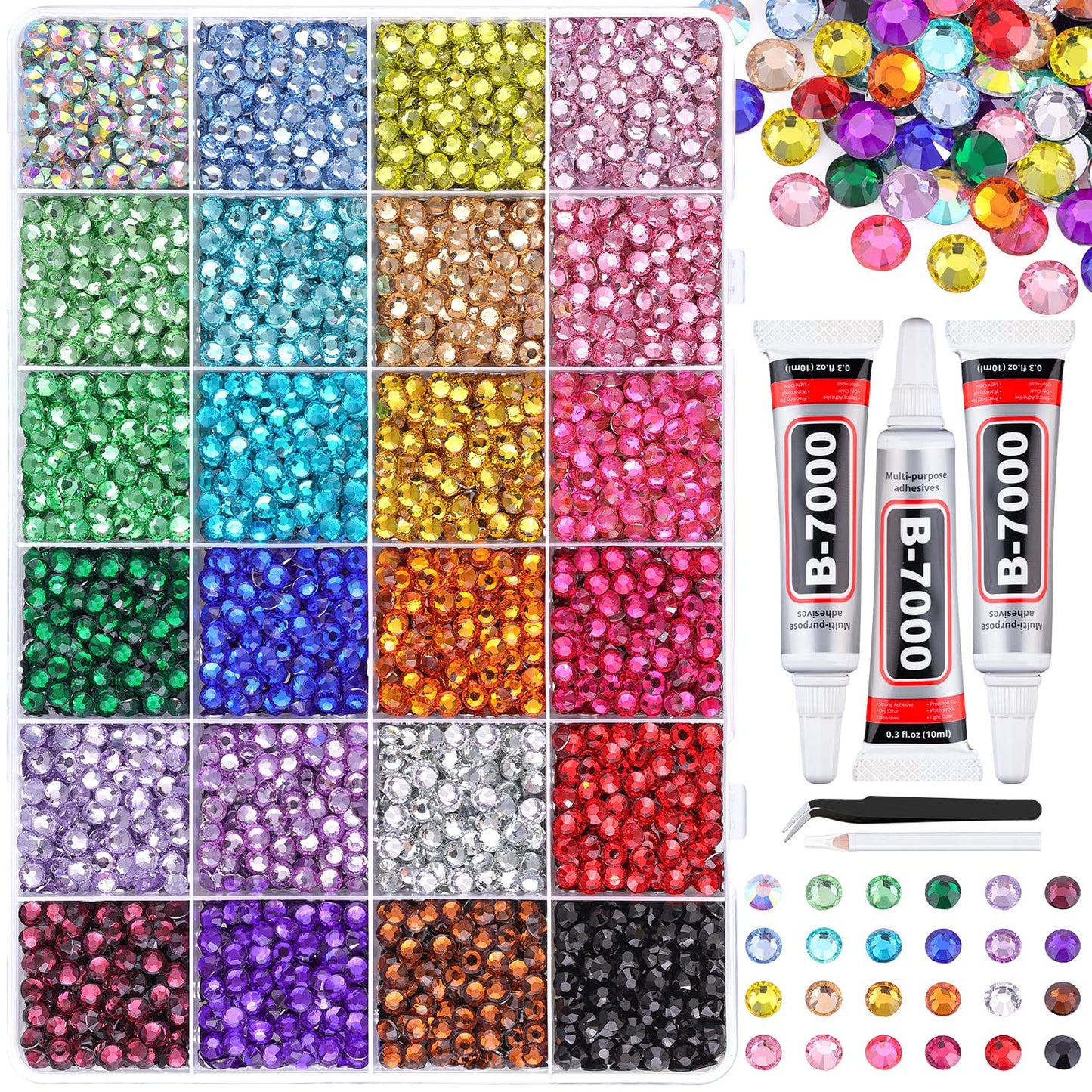 6600Pcs Resin Rhinestones for Bedazzling with Tweezers, Multicolor 5mm Rhinestones for Crafting with 3Pcs 10ml B7000 Jewelry Glue for DIY Crafts Clothing Tumblers Shoes Fabric Nail Art