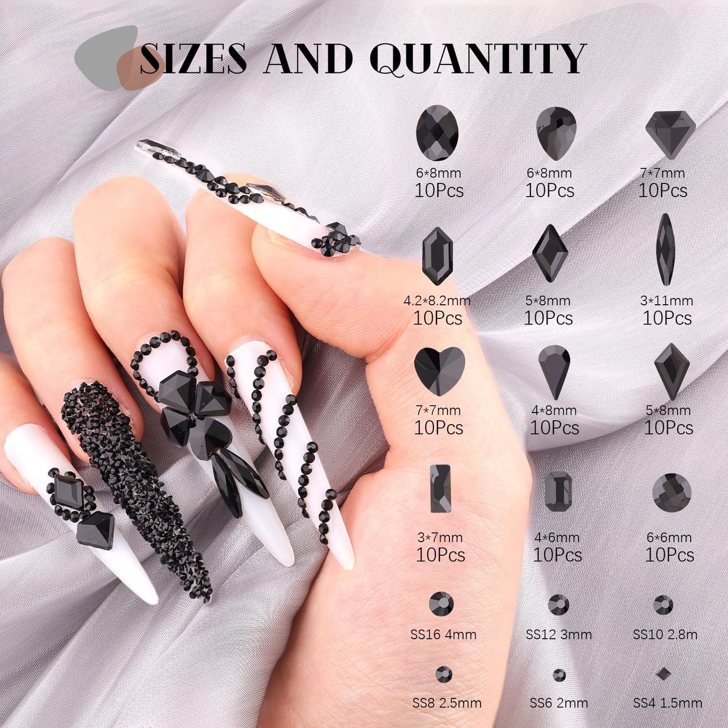2680Pcs Black Glass Rhinestones 120Pcs Multi Shapes Flatback Gems + 2560Pcs 1.5-4mm Round Crystal, Manicure Charms Diamond Gemstones for Acrylic Nail Decoration