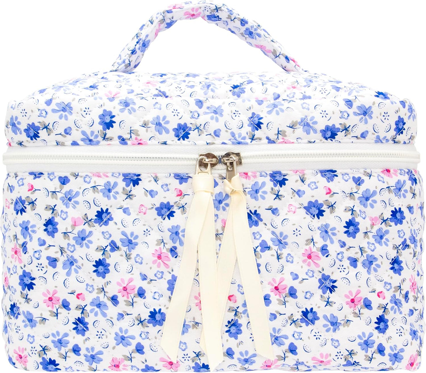 PAZIMIIK Quilted Makeup Bag Large Travel Zipper Soft Cosmetic Case for Women Girls Make Up,Floral Blue
