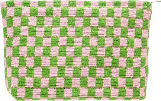 PAZIMIIK Knitted Checkered Makeup Bag Large Zipper Make Up Accessory Pouch for Purse Cosmetic Brush Bag for Travel Essential Pink Green