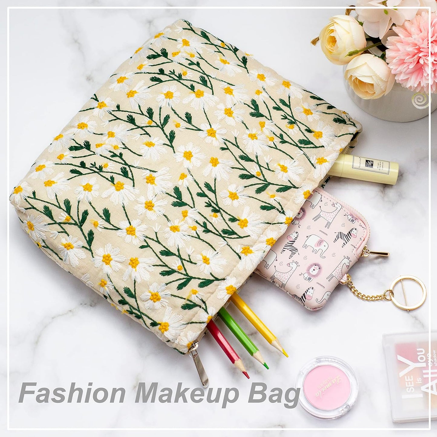 Makeup Bags for Purse Zipper Cosmetic Pouch Large Travel Canvas Make Up Organizer Tool Pouch for Women and Girls,Daisy White