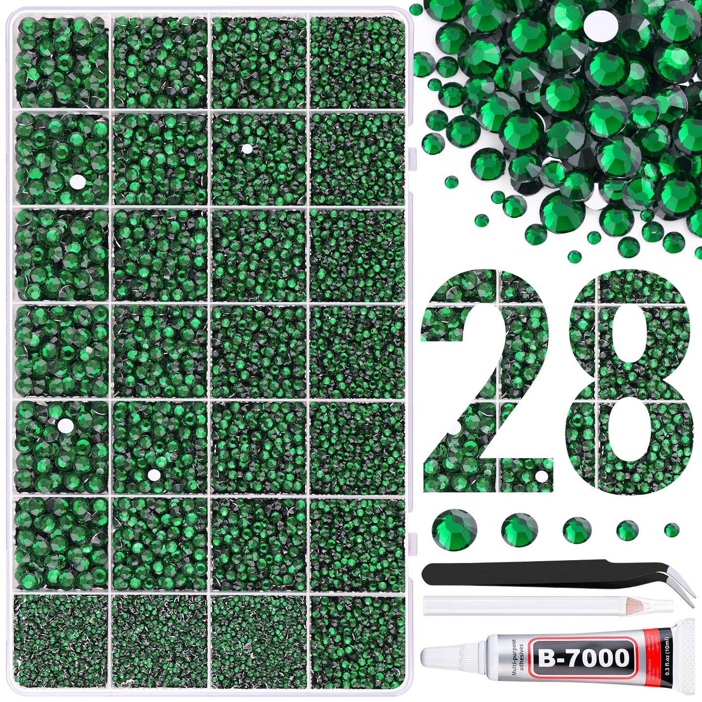 30000Pcs Resin Rhinestones for Bedazzling with Tweezers, Emerald Green Rhinestones for Crafting with B7000 Jewelry Glue for DIY Crafts Clothing Tumblers Shoes Fabric Nail Art