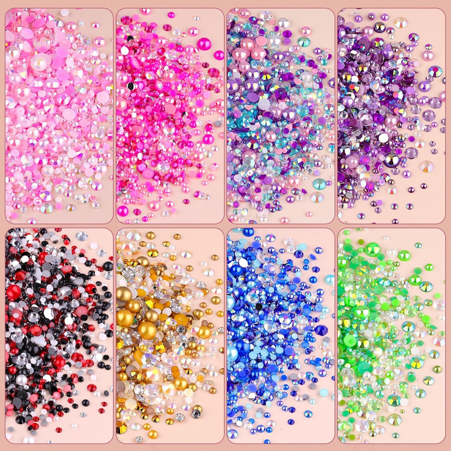 9000PCS Flatback Pearls and Rhinestones for Crafting, Dark Pink Mixed Size 3-10mm Resin Rhinestones and Half Pearls for Bedazzling, Nail Art and Decoration with Tweezer and Pickup Pencil