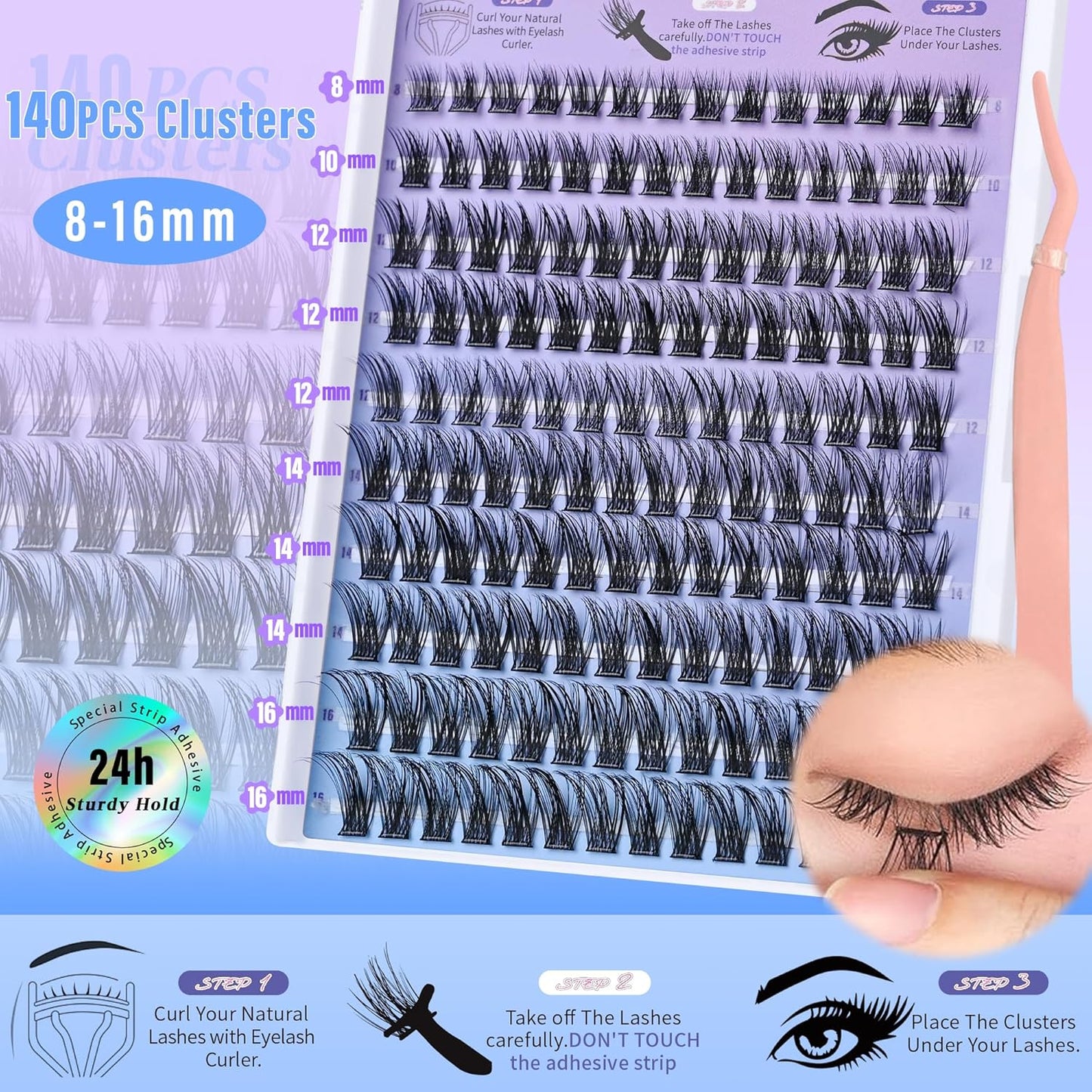 Self Adhesive Eyelashes Clusters Press on Lash Clusters Wispy Lash Extensions No Glue Needed Lashes Clusters Natural Cluster Eyelash Extensions Kit with Tweezers (8-16mm,C Curl)