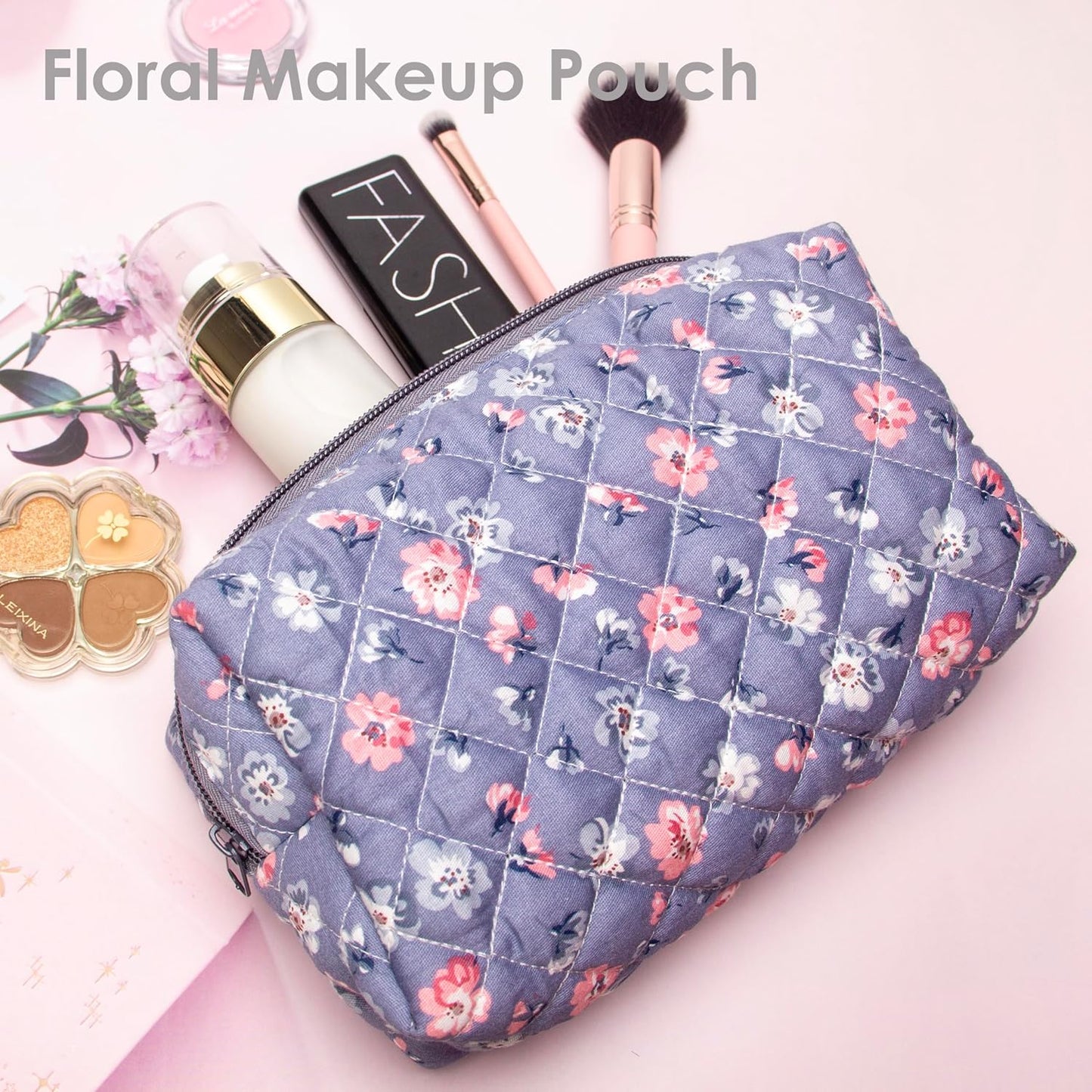 PAZIMIIK Vintage Quilted Makeup Bag Cosmetic Pouch for Brushes Pencils and Travel Make Up Accessories for Women and Girls,Floral Grey