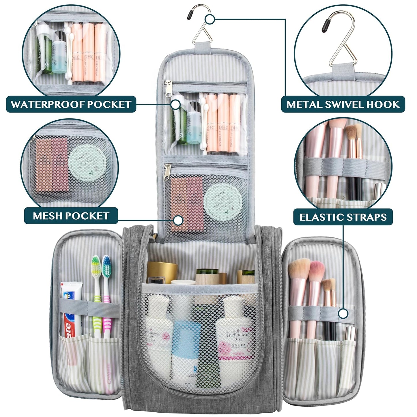 PAVILIA Toiletry Bag Travel Bag for Women Men, Hanging Cosmetic Organizer, Water Resistant Makeup Bag for Accessories Toiletries, Large Travel Essentials Kit (Grey)