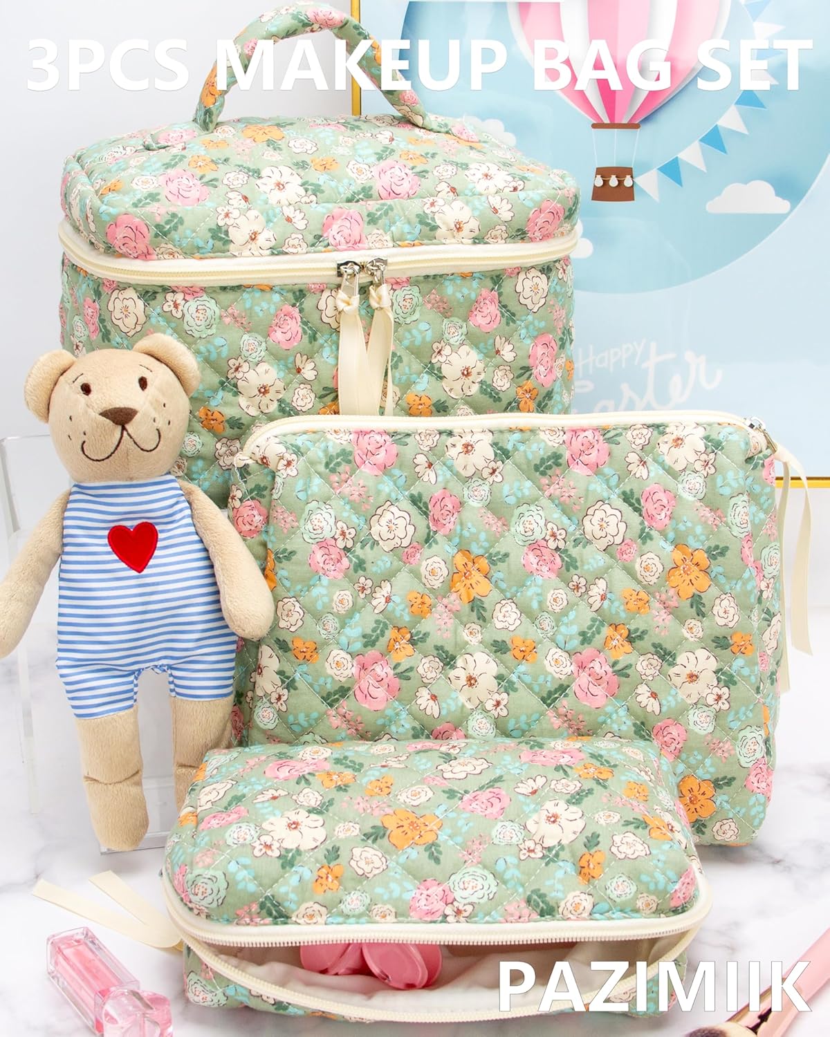 PAZIMIIK 3PCS Makeup Bag SET Large Travel Quilted Zipper Soft Cosmetic Case Pouch for Women Girls Make Up,Green Flower