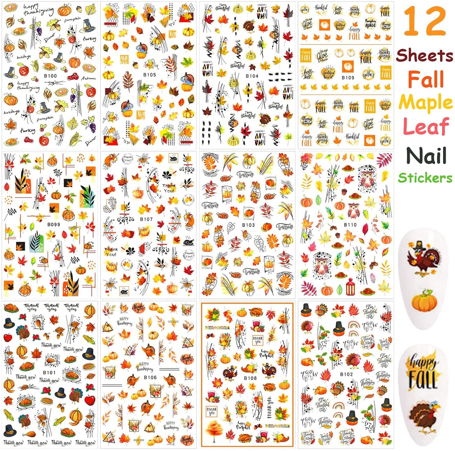 12 Sheets Fall Nail Art Stickers 3D Autumn Leaves Nail Decals Self-Adhesive Thanksgiving Nail Art Accessories Foils Maple Leaf Pumpkin Turkey Nail Designs for Women Girls DIY Manicure Decoration