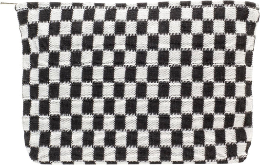 PAZIMIIK Knitted Checkered Makeup Bag Large Zipper Make Up Accessory Pouch for Purse Cosmetic Brush Bag for Travel Essential,Black