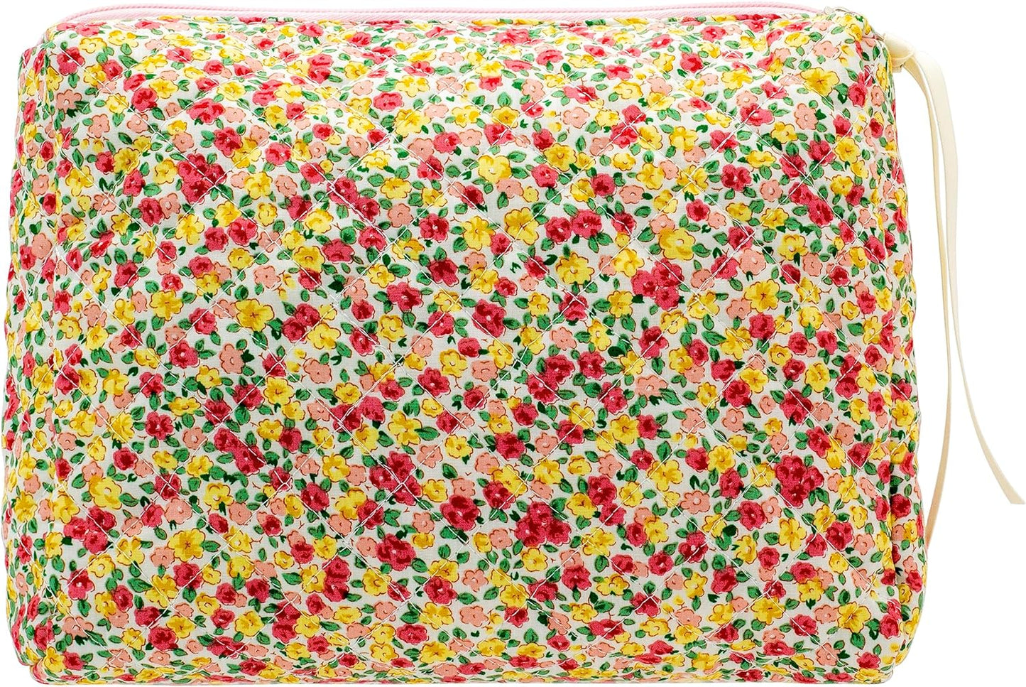 PAZIMIIK Quilted Makeup Bag Large Travel Zipper Soft Cosmetic Pouch for Women Girls Make Up,Little Flower