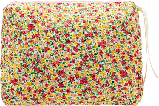 PAZIMIIK Quilted Makeup Bag Large Travel Zipper Soft Cosmetic Pouch for Women Girls Make Up,Little Flower