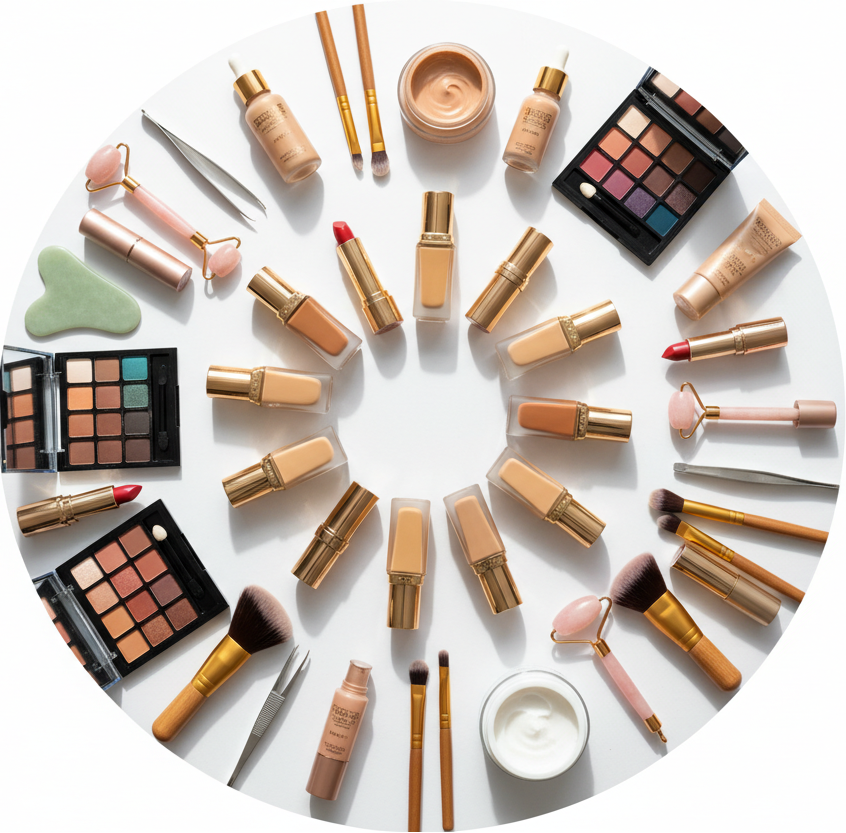 circle photo of makeup and skincare supplies, make a real photo